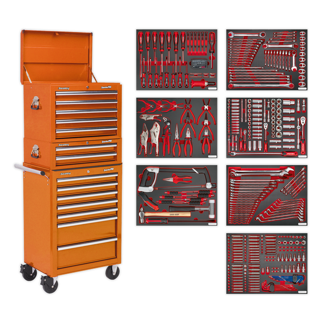 Tool Chest Combination 14 Drawer with Ball-Bearing Slides - Orange & 446pc Tool Kit - TBTPCOMBO4 - Farming Parts