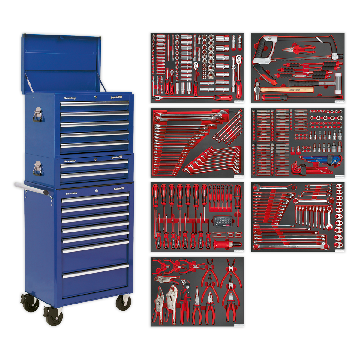 Tool Chest Combination 14 Drawer with Ball-Bearing Slides - Blue & 446pc Tool Kit - TBTPCOMBO5 - Farming Parts