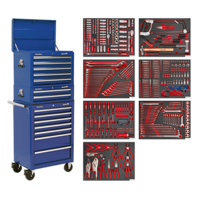 Tool Chest Combination 14 Drawer with Ball-Bearing Slides - Blue & 446pc Tool Kit - TBTPCOMBO5 - Farming Parts