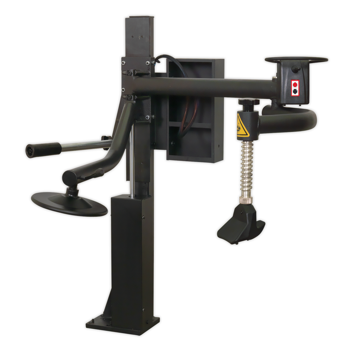 The TC10 Tyre Changer from Sealey is a black machine featuring metal arms, pedals, and a clamp mechanism, specifically designed for automotive shops. The model includes the Tyre Changer Assist Arm for TC10 (TC10A), which efficiently facilitates changing low profile tyres.