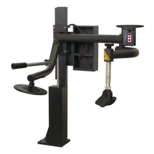 The TC10 Tyre Changer from Sealey is a black machine featuring metal arms, pedals, and a clamp mechanism, specifically designed for automotive shops. The model includes the Tyre Changer Assist Arm for TC10 (TC10A), which efficiently facilitates changing low profile tyres.