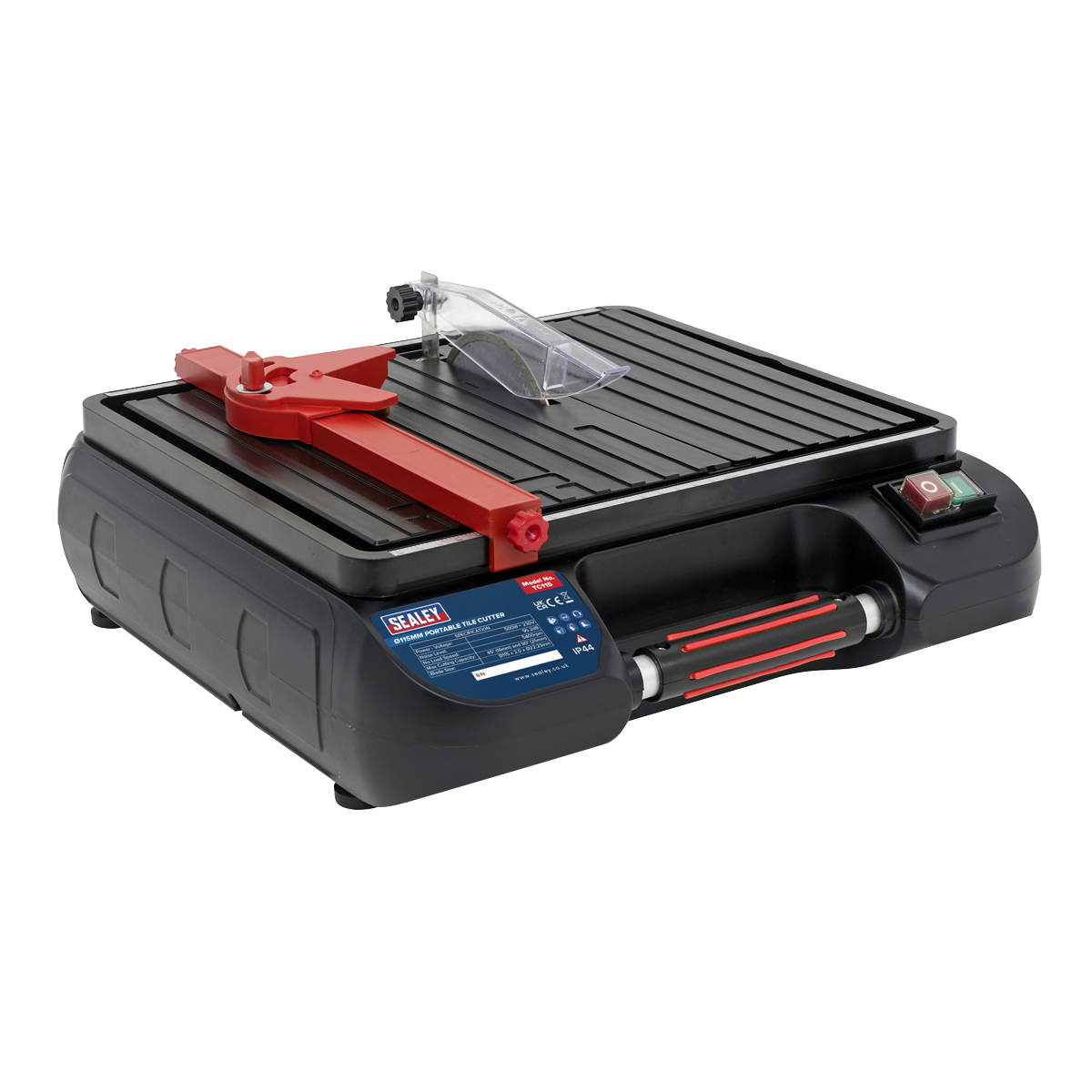 The Tile Cutter Ø115mm Portable - TC115 from Sealey is a lightweight and portable wet tile cutter that features an electric motor, a red adjustable arm, and a black grooved cutting surface. It is equipped with side control buttons and has a clear safety guard near the diamond cutting blade for precise and safe operation.