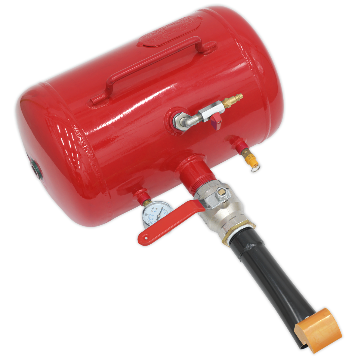 The Sealey Bead Seating Tool 19L - Lever Trigger - TC900 is a red portable air tank equipped with a pressure gauge, valve, and handle, perfect for inflating tubeless tyre beads with ease.