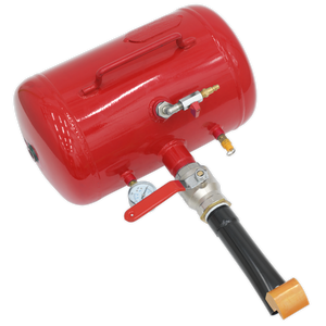 The Sealey Bead Seating Tool 19L - Lever Trigger - TC900 is a red portable air tank equipped with a pressure gauge, valve, and handle, perfect for inflating tubeless tyre beads with ease.