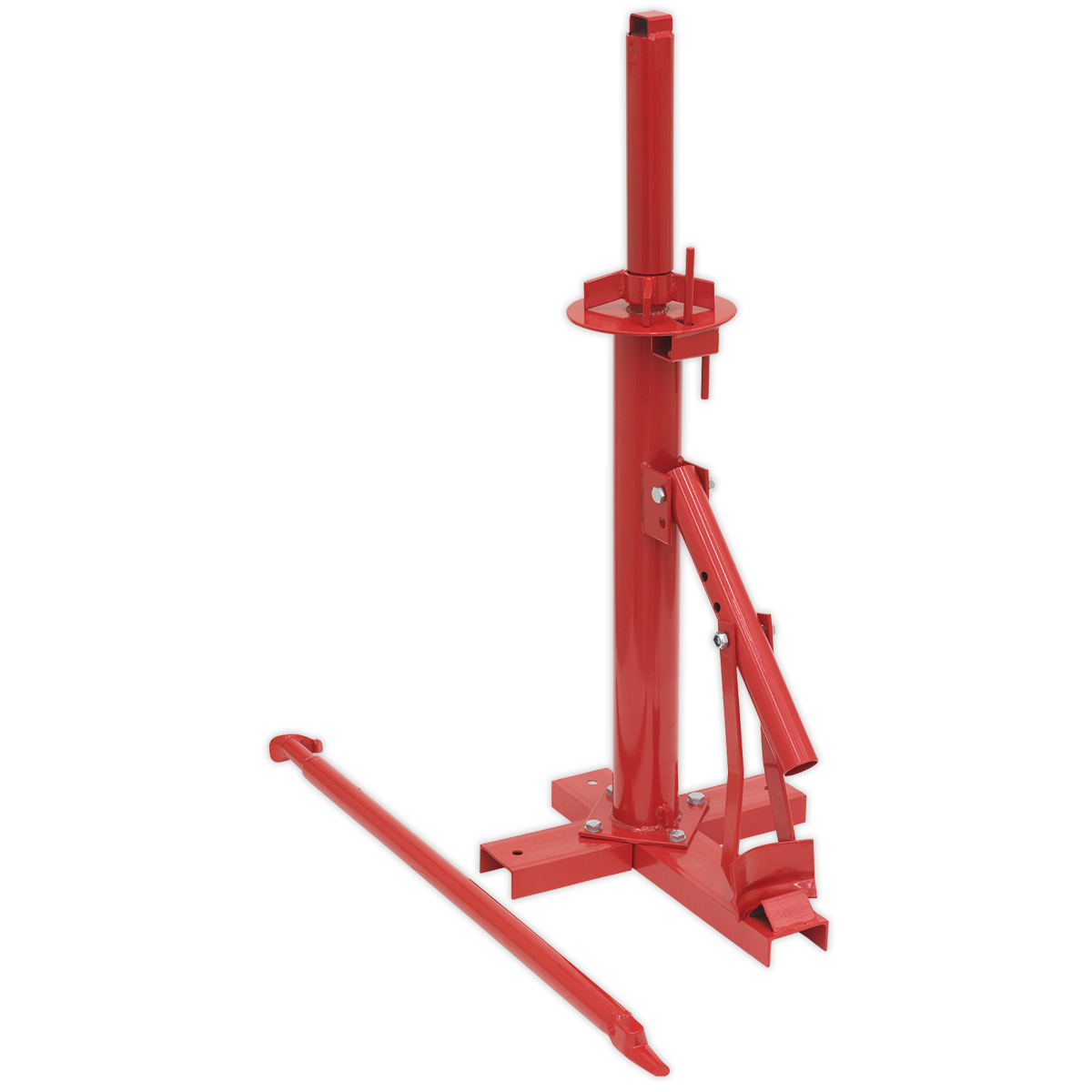 The Sealey Tyre Changer Manual Operation - TC960 is a robust tool made from durable steel and includes a metal bar, vertical post, base, handle, and adjustable components.