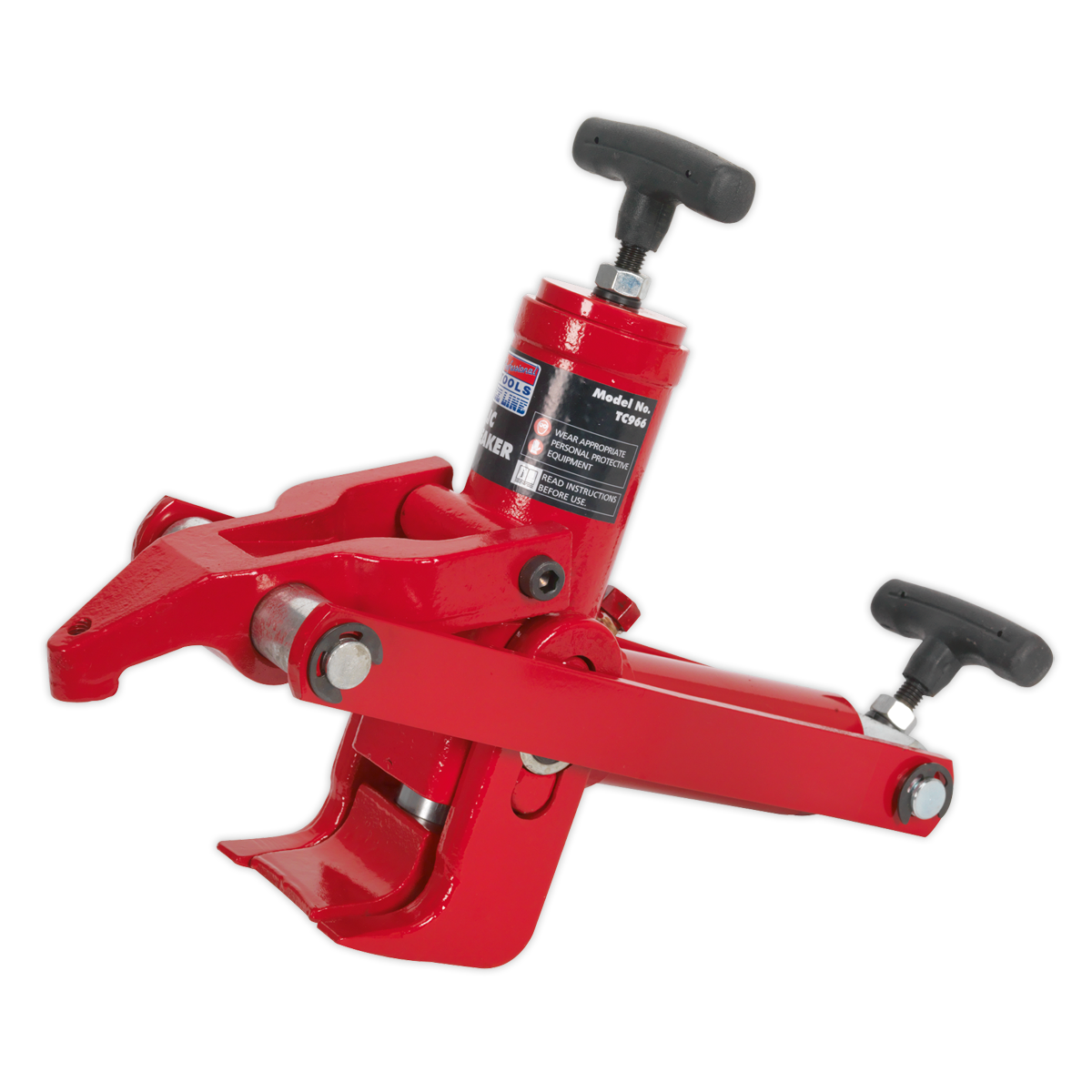 The Sealey Hydraulic Bead Breaker - TC966 is a red mechanical tool with two handles and a clamp-like mechanism, efficiently designed for breaking beads on commercial tyres, likely used for automotive or industrial applications.