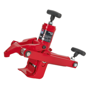 The Sealey Hydraulic Bead Breaker - TC966 is a red mechanical tool with two handles and a clamp-like mechanism, efficiently designed for breaking beads on commercial tyres, likely used for automotive or industrial applications.