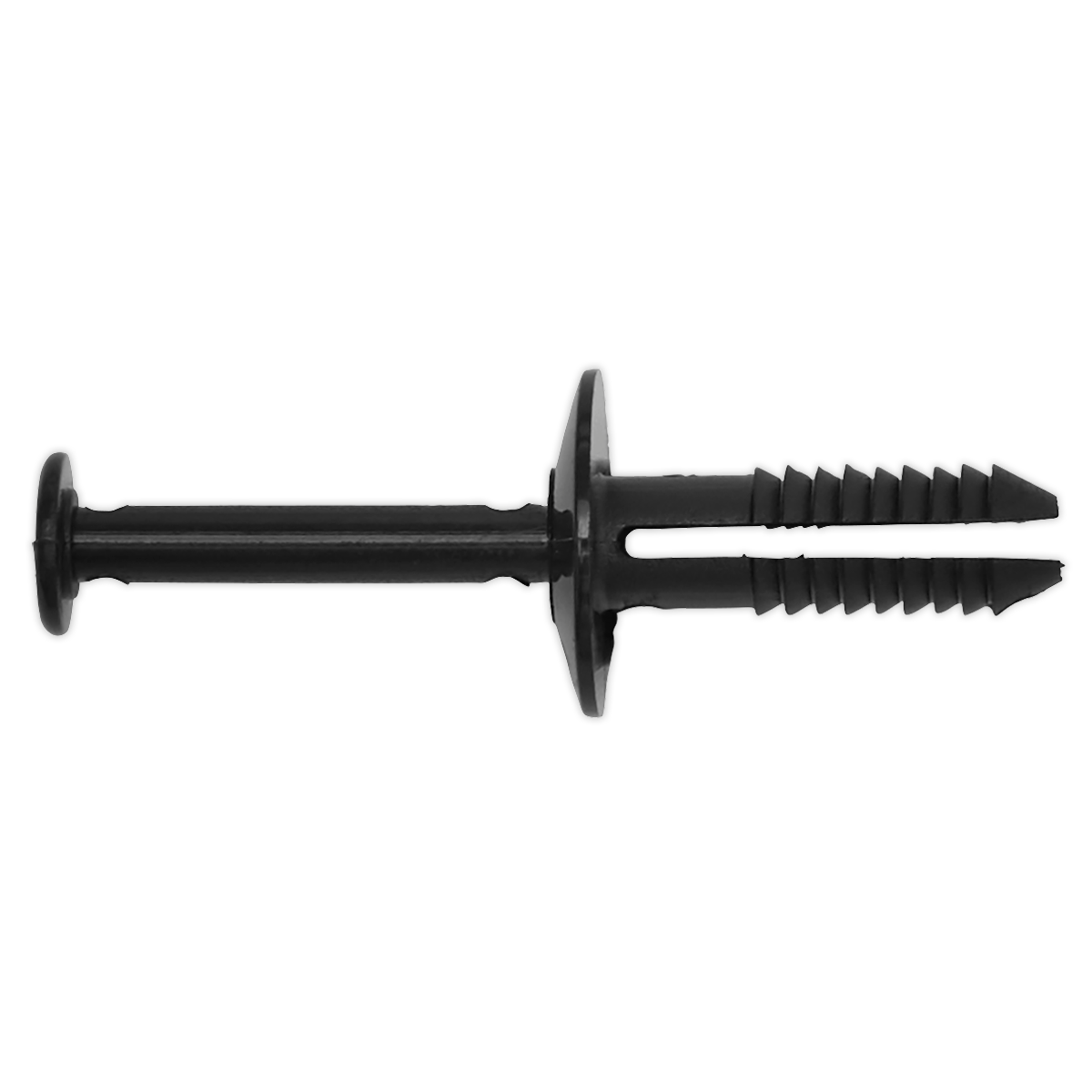 The Sealey Push-In Bumper Fixing Rivet, Ø15mm x 37mm, GM - Pack of 20 (TCBC1522) is a black plastic wall plug anchor with a ribbed body and expanding sections designed for securing screws into drywall or masonry, similar to an OEM Opel or BMW push-in bumper fixing rivet.