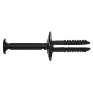 The Sealey Push-In Bumper Fixing Rivet, Ø15mm x 37mm, GM - Pack of 20 (TCBC1522) is a black plastic wall plug anchor with a ribbed body and expanding sections designed for securing screws into drywall or masonry, similar to an OEM Opel or BMW push-in bumper fixing rivet.