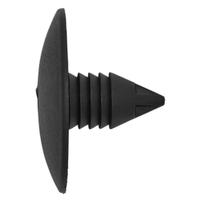 The Sealey Push-In Bumper/Radiator Fixing, Ø35mm x 25mm, Renault - Pack of 20 - TCBC2018R is a black plastic push retainer clip with a flat, wide head and a ribbed shank, designed for securing panels and trim in automotive applications such as Renault bumper fixing.