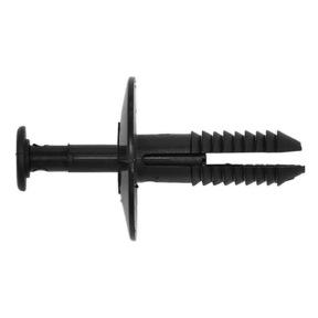 The Sealey Push-In Bumper Fixing Rivet (product code: TCBT3525U) is a black plastic rivet with barbed legs and a circular flat head, designed for securing materials together. It measures Ø20mm x 36mm and serves as an ideal OEM replacement part for Opel/Vauxhall/GM vehicles, reference number 1400806. Available in packs of 20.