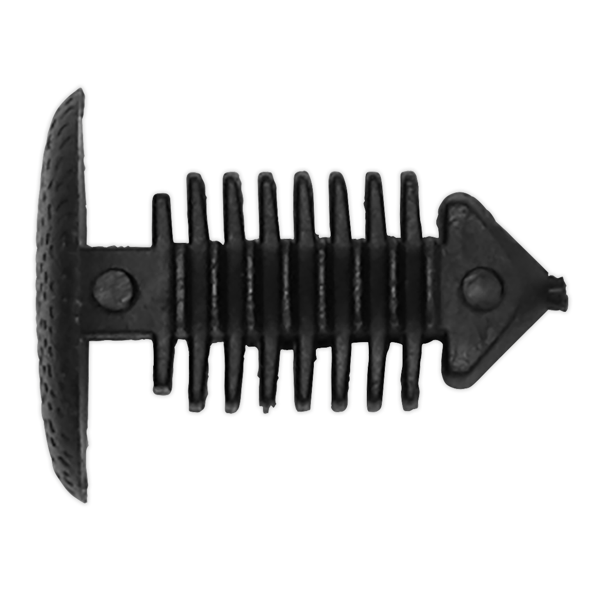 A Sealey Fir Tree Clip for carpet and trim, black in color with dimensions Ø14mm x 18mm (GM), featuring a T-shaped head, ribbed stem, and pointed tip, displayed against a white background. Comes in a pack of 20 - TCFT1418.