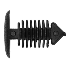 A Sealey Fir Tree Clip for carpet and trim, black in color with dimensions Ø14mm x 18mm (GM), featuring a T-shaped head, ribbed stem, and pointed tip, displayed against a white background. Comes in a pack of 20 - TCFT1418.