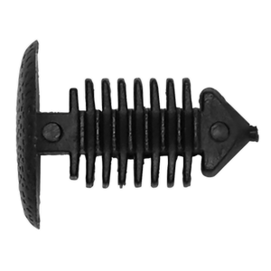 A Sealey Fir Tree Clip for carpet and trim, black in color with dimensions Ø14mm x 18mm (GM), featuring a T-shaped head, ribbed stem, and pointed tip, displayed against a white background. Comes in a pack of 20 - TCFT1418.