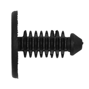 Close-up of a Sealey Fir Tree Clip, Ø18mm x 18mm, Peugeot - Pack of 20 (TCFT1820P), featuring a black plastic push rivet with a tapered head and grooved shaft designed for securing two materials together.