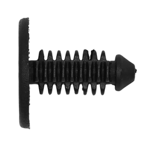 Close-up of a Sealey Fir Tree Clip, Ø18mm x 18mm, Peugeot - Pack of 20 (TCFT1820P), featuring a black plastic push rivet with a tapered head and grooved shaft designed for securing two materials together.