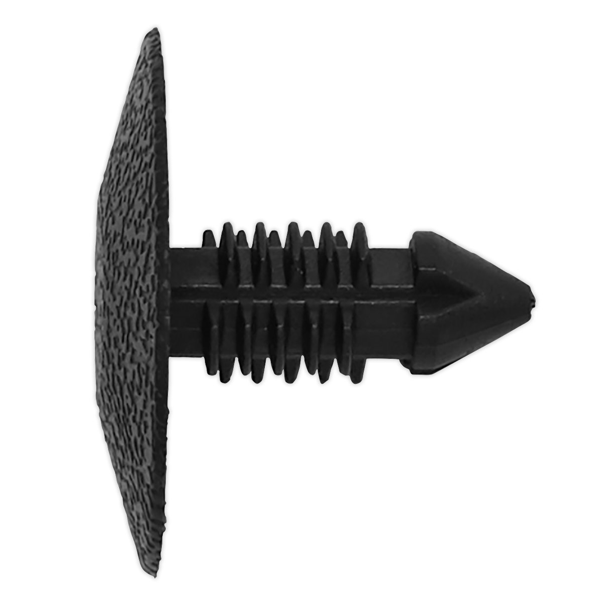 A Sealey Fir Tree Clip, Ø18mm x 30mm, designed for a 7.2mm hole, featuring a black plastic push-in rivet with a flat, textured head and ribbed shank (product code: TCFT2420U), is displayed on a white background.