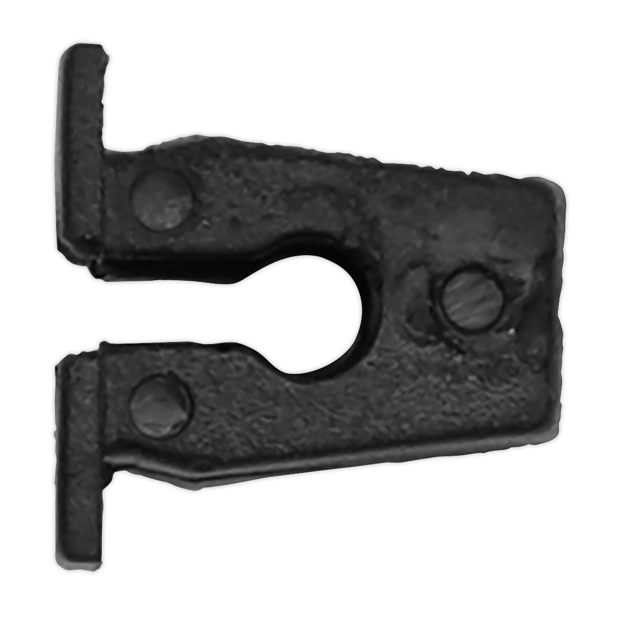 A black, slightly rusted metal bracket with two holes and an open, curved slot in the center, designed to fit an Insert Locking Nut, Ø10mm x 10mm by Sealey.