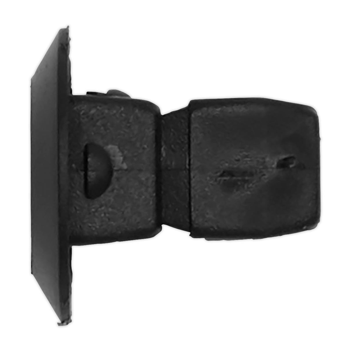 A close-up of a black, rectangular plastic clip featuring a small protrusion on one side; it is compatible with OEM Audi/VW parts and designed to fit the Sealey Locking Nut, Ø15mm x 15mm, Universal (Pack of 20) - TCLN1515U.