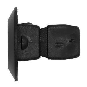 A close-up of a black, rectangular plastic clip featuring a small protrusion on one side; it is compatible with OEM Audi/VW parts and designed to fit the Sealey Locking Nut, Ø15mm x 15mm, Universal (Pack of 20) - TCLN1515U.