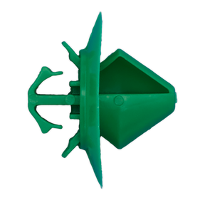 Here's the revised sentence incorporating the provided product data:

Close-up view of a green plastic anchor or wall plug with a pointed tip and flanged edges, similar to the Sealey Side Moulding Clip, Ø20mm x 18mm for Citroen C4 - Pack of 20 (Product Code: TCMC1413).