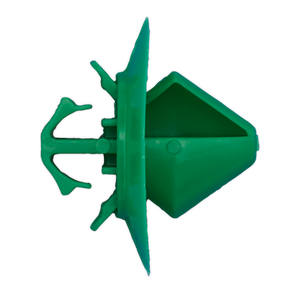 Here's the revised sentence incorporating the provided product data:

Close-up view of a green plastic anchor or wall plug with a pointed tip and flanged edges, similar to the Sealey Side Moulding Clip, Ø20mm x 18mm for Citroen C4 - Pack of 20 (Product Code: TCMC1413).