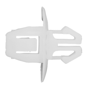 A white plastic buckle with one prong on the left and two slots on the right, often used for securing straps, similar to a Sealey Side Moulding Clip (Ø18mm x 19mm) for Suzuki and Toyota vehicles - Pack of 20 (TCMC1820).