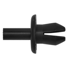 Close-up of a Sealey Push Rivet (Ø15mm x 24mm) in black plastic, featuring a push-in pin and flat round head, specifically designed for BMW and GM vehicles. Available in a pack of 20 under model number TCPR1515.