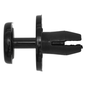 Here is a close-up image of a Sealey Push Rivet, Bumper Ø20mm x 35mm, Citroen - Pack of 20 - TCPR2015C. This black plastic automotive push retainer clip features a round head and a split shank design, commonly used as a push rivet for Peugeot/Citroen bumper applications.