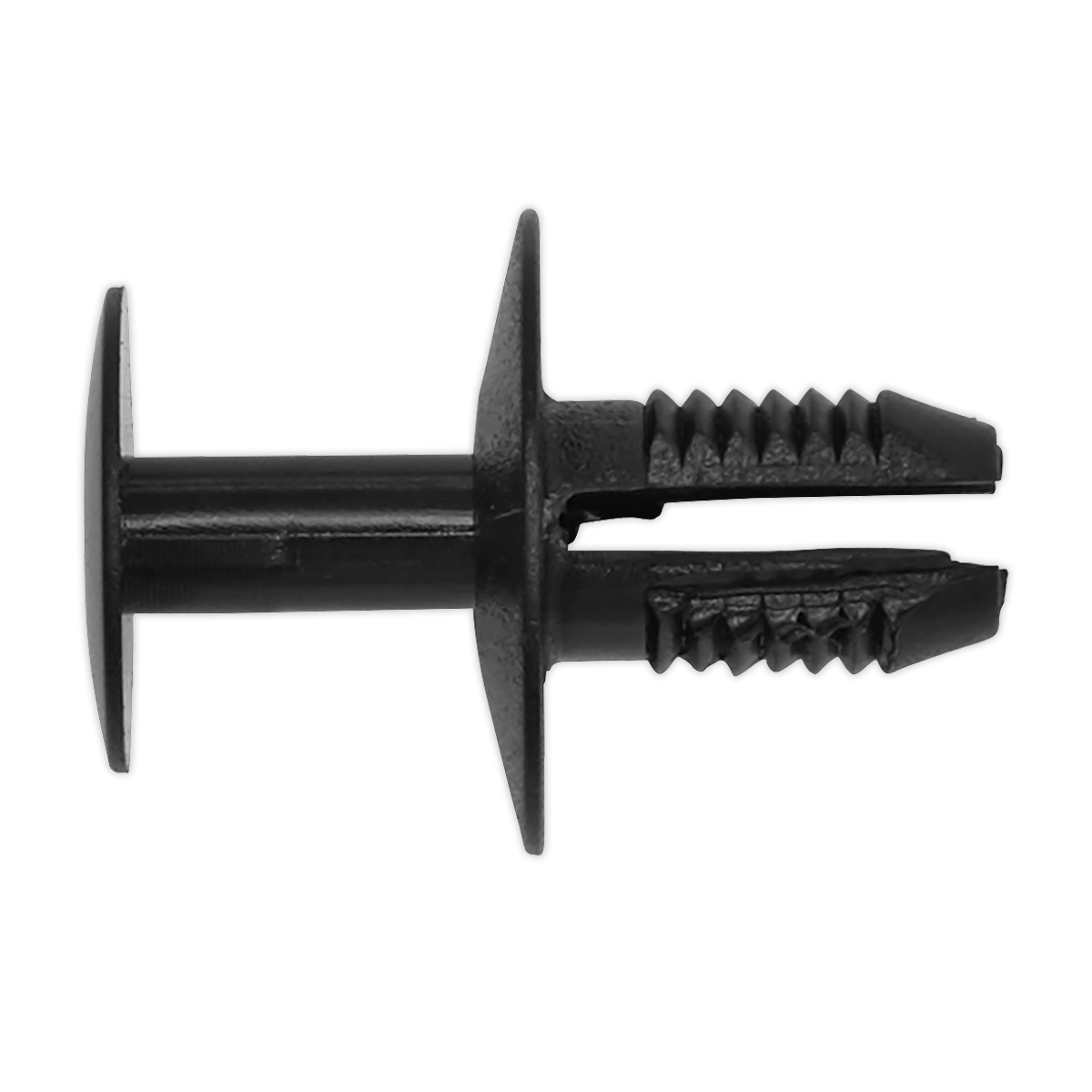 A Sealey Push Rivet, Ø20mm x 30mm, Universal (Pack of 20 - TCPR2015U), featuring a black plastic construction with a wide head and grooved shank, suitable for OEM Mercedes and BMW applications.