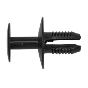 A Sealey Push Rivet, Ø20mm x 30mm, Universal (Pack of 20 - TCPR2015U), featuring a black plastic construction with a wide head and grooved shank, suitable for OEM Mercedes and BMW applications.