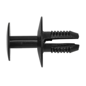 A Sealey Push Rivet, Ø20mm x 30mm, Universal (Pack of 20 - TCPR2015U), featuring a black plastic construction with a wide head and grooved shank, suitable for OEM Mercedes and BMW applications.