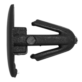 Close-up of the Sealey Retaining Clip, Ø12mm x 12mm, designed for Peugeot and Citroen vehicles, featuring a black plastic construction with a flat head and prongs that expand when inserted into a hole. Pack of 20 is available under product code TCRC1210.