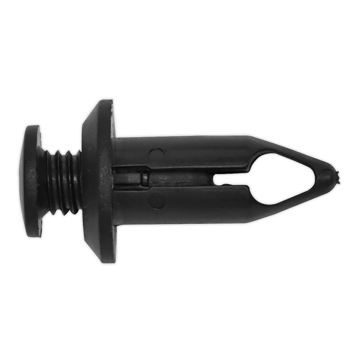 The Sealey Screw Rivet, Bumper, Ø15mm x 33mm, Ford, GM - Pack of 20 (TCSR1525) is a black plastic automotive fastener clip with a pointed tip, two prongs, and a flared end designed for securing panels or trim pieces, making it ideal for Ford bumper installations.