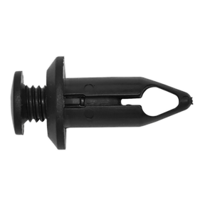 The Sealey Screw Rivet, Bumper, Ø15mm x 33mm, Ford, GM - Pack of 20 (TCSR1525) is a black plastic automotive fastener clip with a pointed tip, two prongs, and a flared end designed for securing panels or trim pieces, making it ideal for Ford bumper installations.