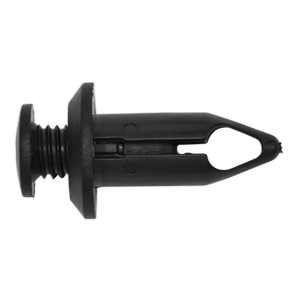 The Sealey Screw Rivet, Bumper, Ø15mm x 33mm, Ford, GM - Pack of 20 (TCSR1525) is a black plastic automotive fastener clip with a pointed tip, two prongs, and a flared end designed for securing panels or trim pieces, making it ideal for Ford bumper installations.