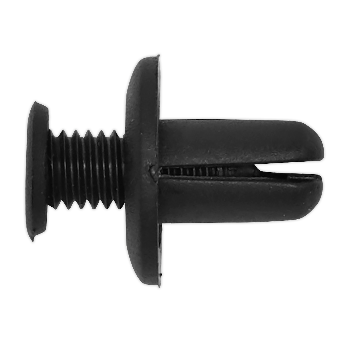 Close-up image of a Sealey Screw Rivet, Ø18mm x 24mm, in black plastic with a threaded shaft and split end, commonly used in OEM Ford, Hyundai, Kia, and Mazda vehicles. Available as a pack of 20 under model number TCSR1815.