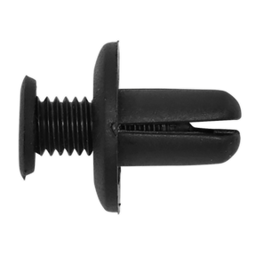Close-up image of a Sealey Screw Rivet, Ø18mm x 24mm, in black plastic with a threaded shaft and split end, commonly used in OEM Ford, Hyundai, Kia, and Mazda vehicles. Available as a pack of 20 under model number TCSR1815.
