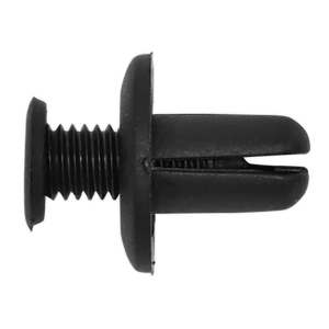 Close-up image of a Sealey Screw Rivet, Ø18mm x 24mm, in black plastic with a threaded shaft and split end, commonly used in OEM Ford, Hyundai, Kia, and Mazda vehicles. Available as a pack of 20 under model number TCSR1815.