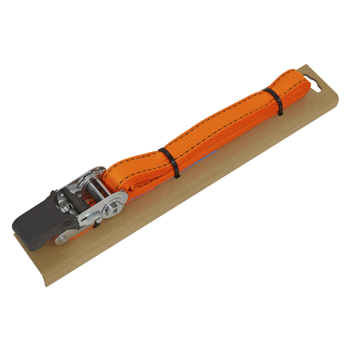 The Sealey Ratchet Tie Down 25mm x 5m Polyester Webbing with Corner Protector, featuring a durable polyester webbing and boasting a 600kg breaking strength, is secured on a rectangular piece of cardboard with a metal ratchet mechanism at one end.