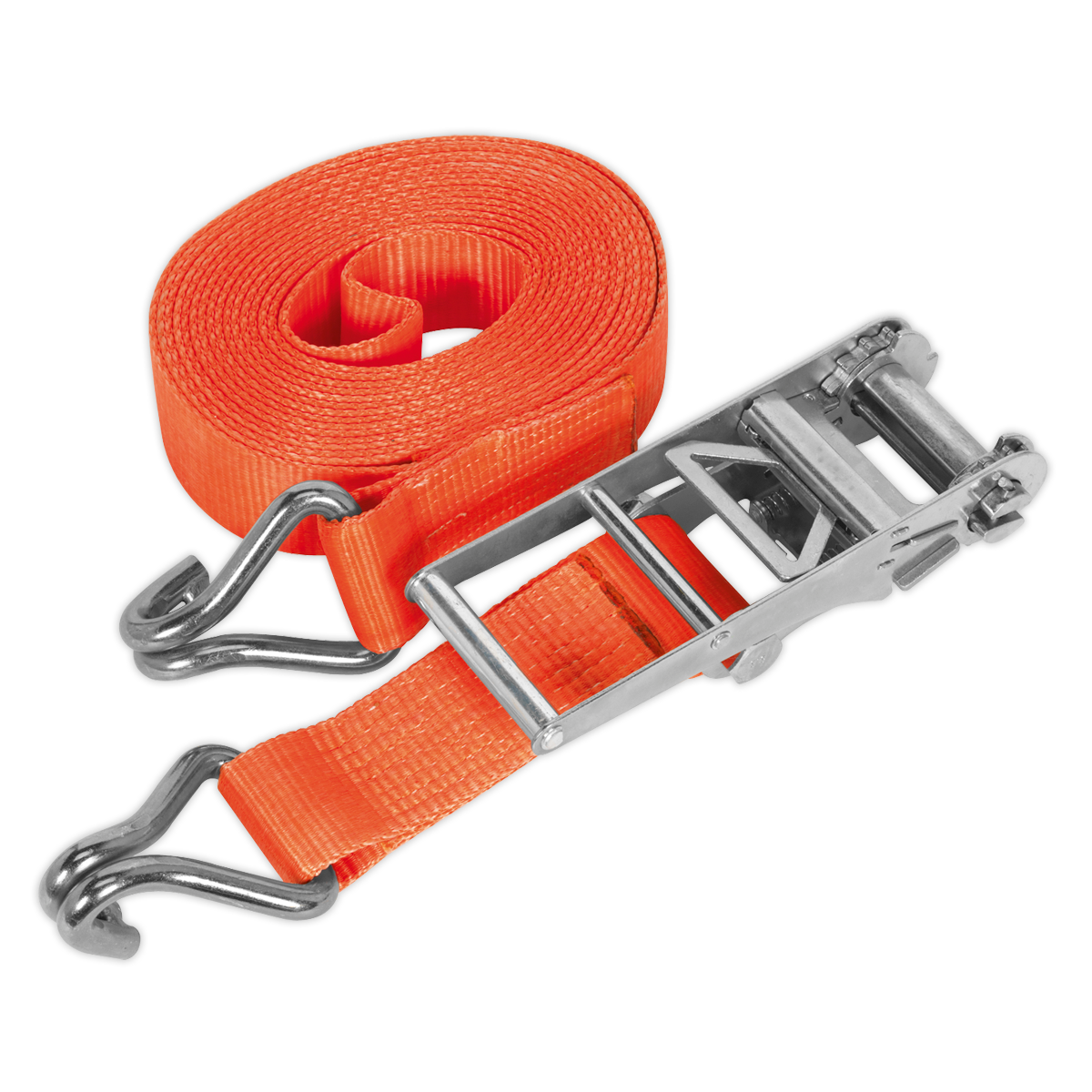 The Sealey Ratchet Strap TD10010J features durable 75mm x 10m polyester webbing and a robust ratchet mechanism, capable of withstanding a breaking strength of 10,000kg. It is rolled up on one end with a loose strap extending from the other end, ideal for secure load restraint.