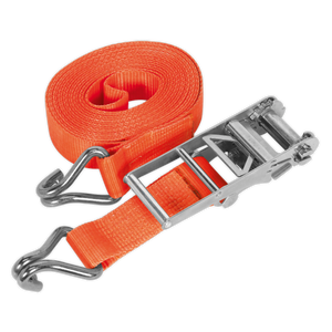 The Sealey Ratchet Strap TD10010J features durable 75mm x 10m polyester webbing and a robust ratchet mechanism, capable of withstanding a breaking strength of 10,000kg. It is rolled up on one end with a loose strap extending from the other end, ideal for secure load restraint.