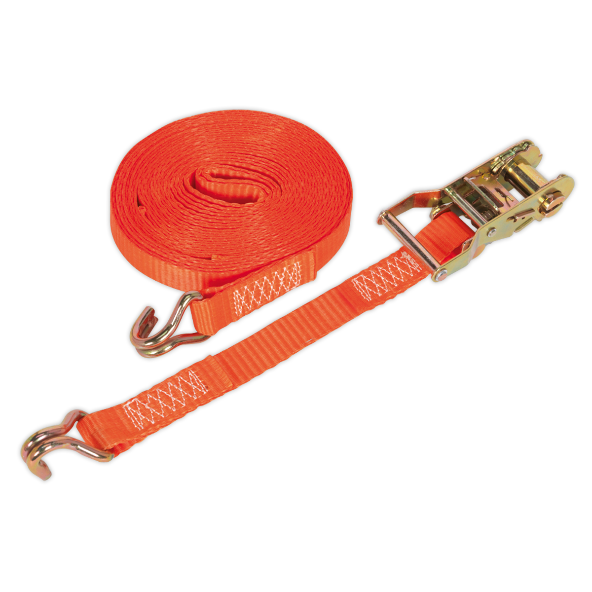 The Sealey Ratchet Strap TD1508J features durable 25mm x 8m polyester webbing with metal hooks at both ends and a dependable ratchet mechanism for tightening, making it perfect for secure load restraint.