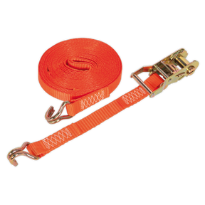 The Sealey Ratchet Strap TD1508J features durable 25mm x 8m polyester webbing with metal hooks at both ends and a dependable ratchet mechanism for tightening, making it perfect for secure load restraint.