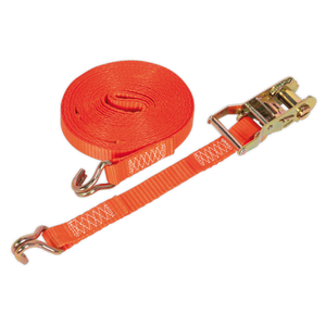 The Sealey Ratchet Strap TD1508J features durable 25mm x 8m polyester webbing with metal hooks at both ends and a dependable ratchet mechanism for tightening, making it perfect for secure load restraint.