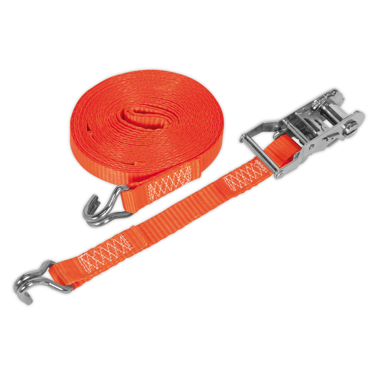 The Sealey TD1510J Ratchet Strap features bright orange 25mm x 10m polyester webbing with a 1500kg breaking strength. One end of the strap, equipped with a metal hook, is attached to the ratchet mechanism, while the other end has a metal hook on the durable polyester webbing. The load restraint strap is coiled neatly next to the ratchet mechanism.