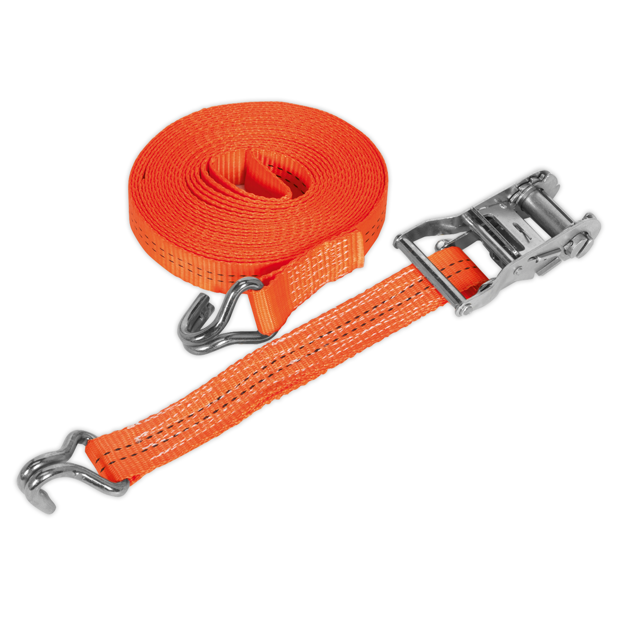 The Sealey Ratchet Strap 35mm x 8m, model TD2008J, features metal hooks and a reliable ratchet mechanism. Made from durable polyester webbing and boasting a breaking strength of 2000kg, it is coiled and partially extended for use in securing cargo.