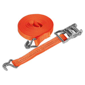 The Sealey Ratchet Strap 35mm x 8m, model TD2008J, features metal hooks and a reliable ratchet mechanism. Made from durable polyester webbing and boasting a breaking strength of 2000kg, it is coiled and partially extended for use in securing cargo.