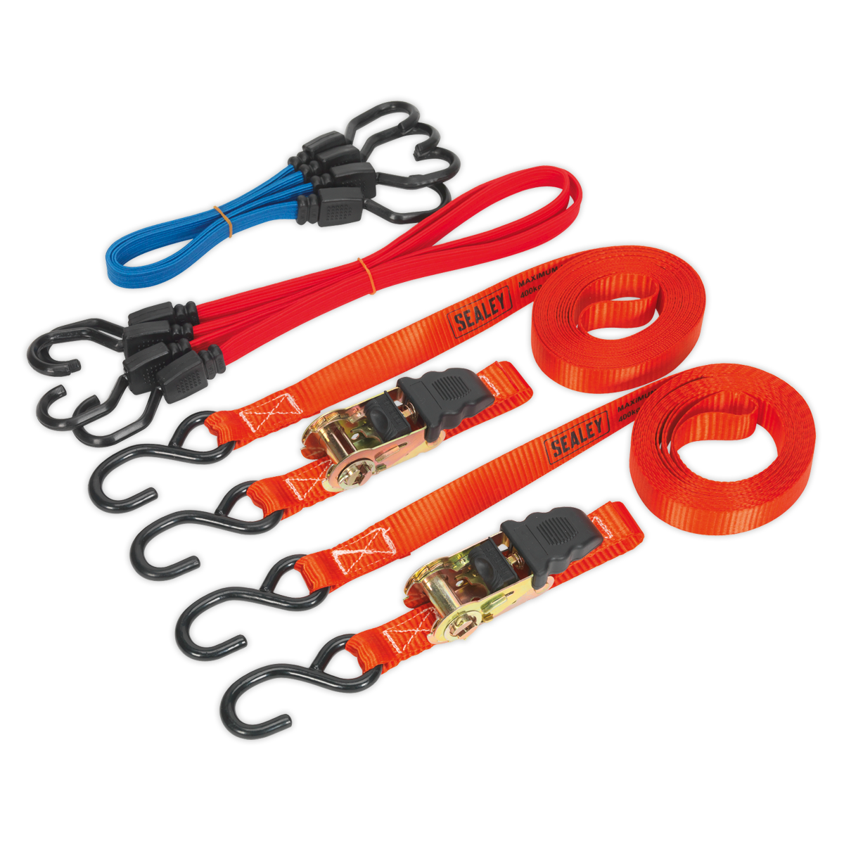 The Sealey Ratchet Strap & Bungee Cord Set 6pc - TD285SBD is a collection of multicolored tie-down straps made from durable polyester webbing, featuring red ratchet straps and blue and red bungee cords, equipped with black hooks and metal ratchet mechanisms.