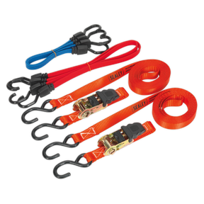 The Sealey Ratchet Strap & Bungee Cord Set 6pc - TD285SBD is a collection of multicolored tie-down straps made from durable polyester webbing, featuring red ratchet straps and blue and red bungee cords, equipped with black hooks and metal ratchet mechanisms.